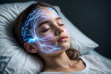Sleeping child with neural network projection on face in bed at night in hospital room