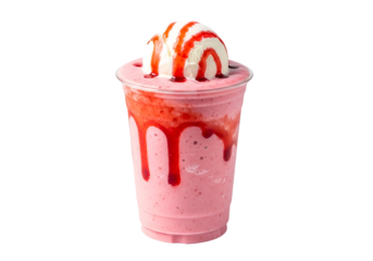 A vibrant pink strawberry smoothie, topped with a scoop of white ice cream and drizzled with crimson syrup, is presented in a clear plastic cup.