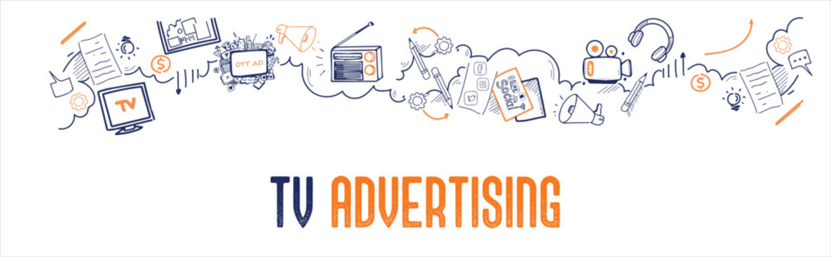 Creative TV advertising doodle vector illustration showing marketing and promotion concepts.