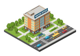 3D Isometric view illustration of a mayor’s office building, dome roof, nearby trees, cars, and a bus stop, symbolizing government, leadership, and civic administration