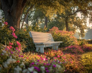 Wooden bench in a garden surrounded by flowers and trees in sunlight