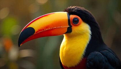 Fototapeta premium Vibrant toucan with striking colorful beak and bright yellow chest, a stunning tropical bird up close in its natural lush habitat