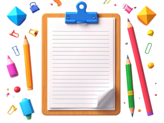 School-Themed 3D Clipboard with Notebook Paper and Colorful Stationery, Isolated on Transparent Background