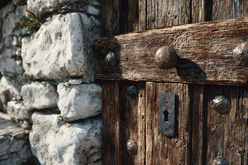 Dark wooden door set in a rustic stone wall in natural light