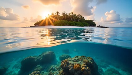 Stunning split view captures serene tropical island paradise at golden hour with vibrant coral reefs below crystal clear ocean waters