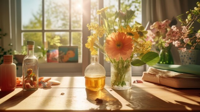 autumn still life, vase of colorful flowers, sunlight streaming through window, glass of amber beer, cozy home interior, warm lighting, rustic wooden table, seasonal decor, natural floral arrangement,