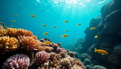 Obraz premium Vibrant coral reef teems with schools of golden fish swimming in crystal clear turquoise ocean water illuminated by sunbeams