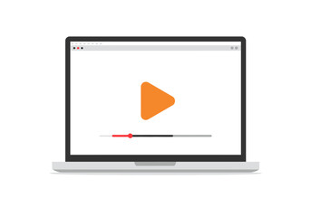 Laptop shows video with orange play icon  red progress bar on white background