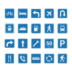 Collection of blue and white transportation and travel signs representing various services and locations on a clean white layout.