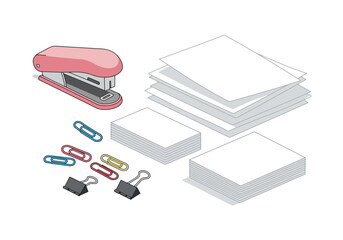 Office supplies stapler paper paperclips and binder clips on a white surface