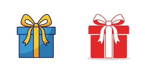 Set of Two Gift Box Icons, a Colorful Cartoon Present and a Red Silhouette