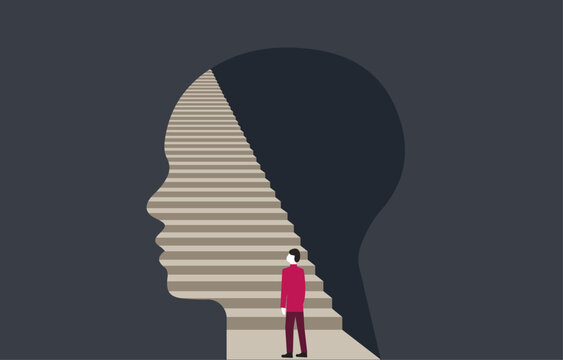 Man standing in front human shape face path staircase, illustration about mental health depth