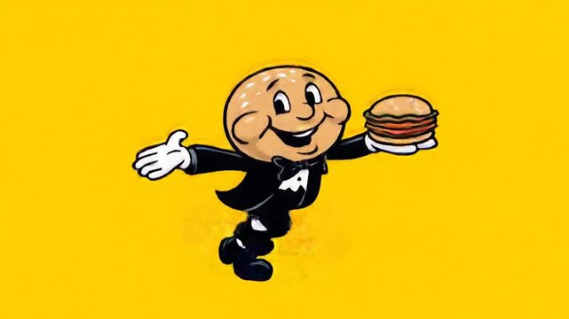 Animated character holds a burger with cheerful expression on yellow backdrop