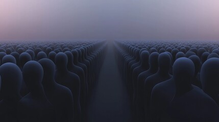 Figures are densely packed and uniformly facing forward into misty distance, receding into vanishing point under soft lighting.