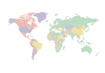 World map with landmasses colored in varying pastel hues against a plain white background