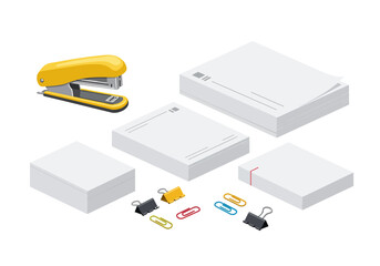 Yellow stapler paper stacks and clips create an office scene