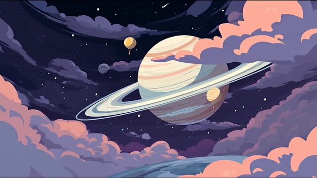 Animated illustration of a planet with rings surrounded by clouds and stars