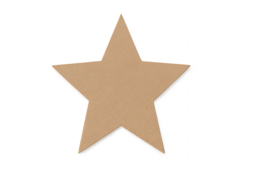 Blank brown cardboard paper star cutout with simple shape, isolated PNG transparency for decorative creative designs