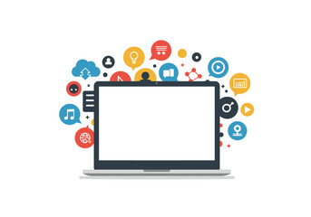 A laptop with colorful icons floating above and around it