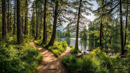 Fototapeta premium Forest Path Leading To Mountain Lake