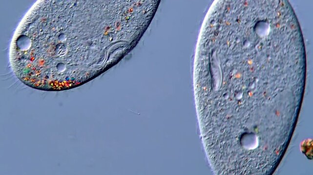 Movement of freshwater protozoa under microscope, paramecium ciliates 