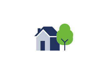 A small house with a green tree nearby on a white background