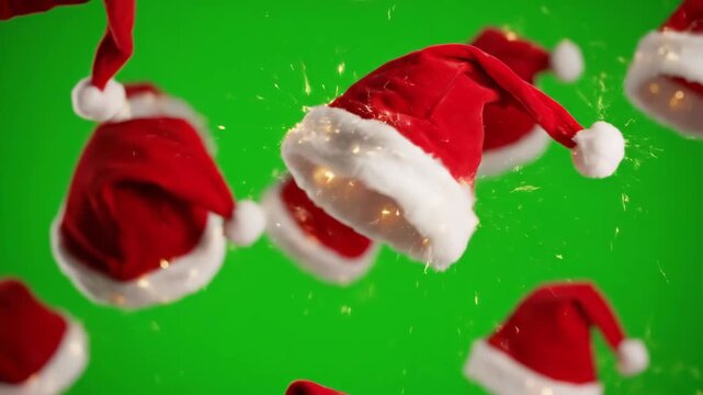 Festive Santa Hats Floating with Sparks - Multiple Santa hats with sparkling lights float against a vibrant green screen background.