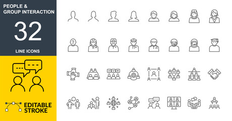People and Group Interaction Line Icons Set – Editable Stroke Outline Icons. Teamwork, Communication, Collaboration, Meeting Vector Collection, Minimal Team, Community, Organization Line Icons 