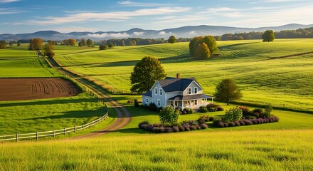 Peaceful Rural Farmhouse Landscape.