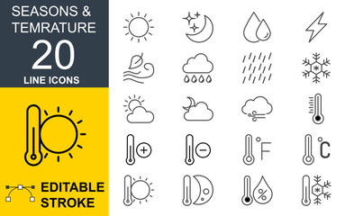 Seasons and Temperature Line Icons – Editable Stroke Vector Set, Weather, Sun, Rain, Cloud, Thermometer Line Icons Collection, Climate and Weather Condition Outline Icon Pack