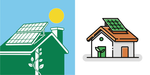 Set of Eco-Friendly House Illustrations with Rooftop Solar Panels