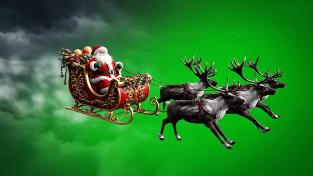 Santa Claus Flying Sleigh Green Screen - Santa Claus in his sleigh is pulled by reindeer flying against a green screen background with stormy clouds.