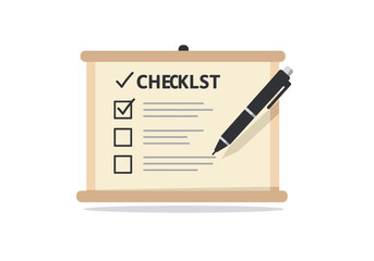 Checklist on clipboard with a pen One item is marked