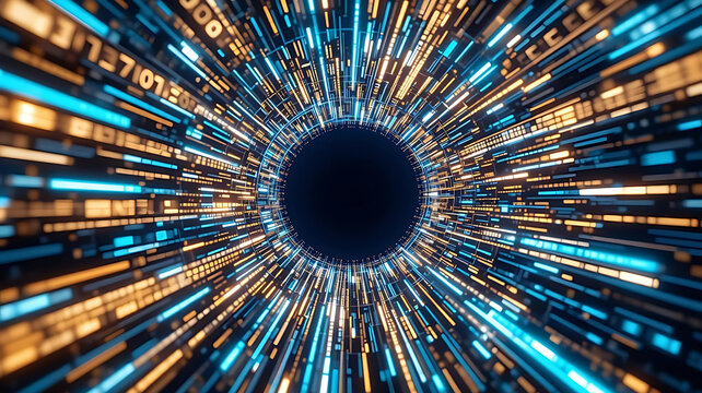 Energetic Digital Data Stream Tunnel of Orange and Blue Light Trails Converging into a Dark Center, Great for Representing Quantum Computing, Innovation, or Global Financial Technology.