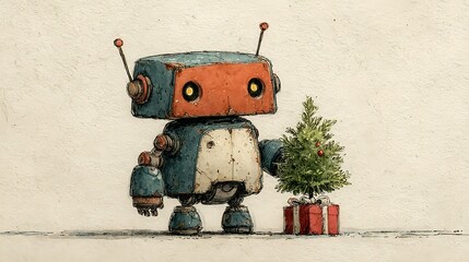 Cute retro robot holding Christmas tree and gift box
