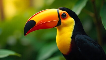 Naklejka premium Vibrant toucan with striking colorful beak perches amidst lush green foliage, a symbol of exotic wildlife and tropical beauty.