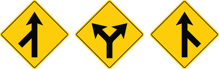 Yellow diamond road sign set vector including lane merge from left, right, and two-lane junction.