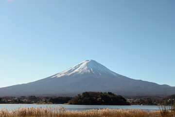 View of landscape fuji mountain in winter at Lake Kawaguchi