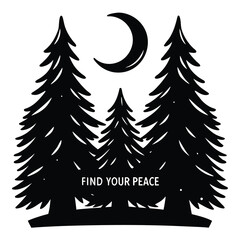 Obraz premium Stylized Evergreen Forest Scene with a Crescent Moon and Peace Message