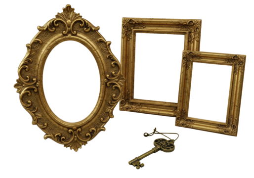Ornate antique gold picture frames and a vintage brass key, elegantly arranged against a solid transparent background in a clean studio shot. Concept of timeless luxury
