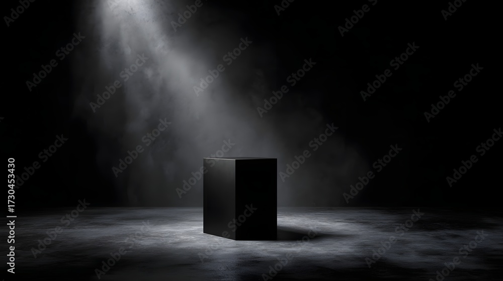 Canvas Prints a minimalist black cubic podium is centrally placed in a dark atmospheric studio dramatically illumi