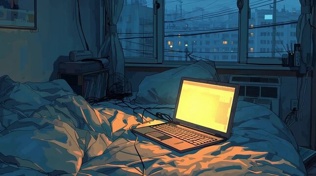 Hyperlocal Lo-Fi Scene : Minimalist bedroom with tangled blankets and laptop glowing faintly in urban night backdrop  
