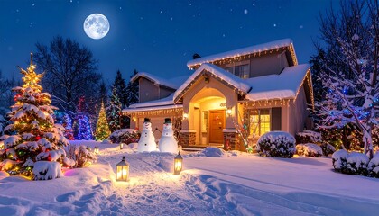 Cozy winter night with festive Christmas lights and snow