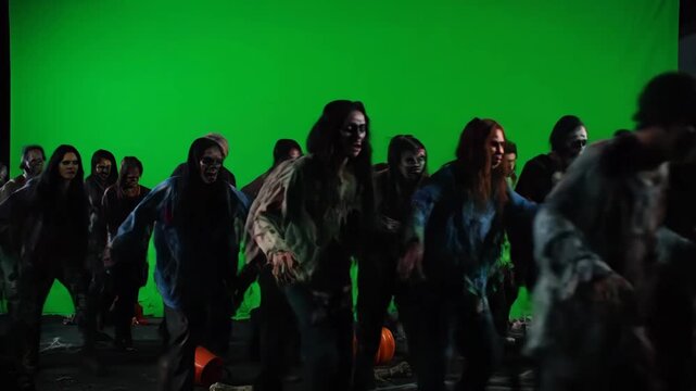 Zombie Horde Halloween Green Screen - A horde of zombies in Halloween makeup charges forward against a green screen background. The video is suitable for compositing into various scenes and projects.
