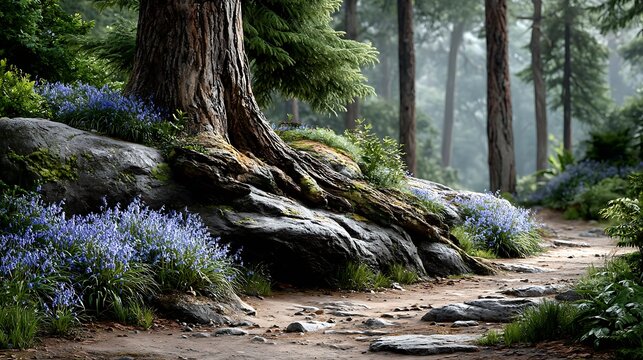 Quiet forest glade with a carpet of bluebells, light filtering through tall trees,