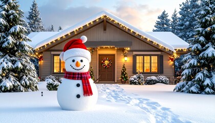 Obraz premium Snowman welcomes you to cozy home festive Christmas lights