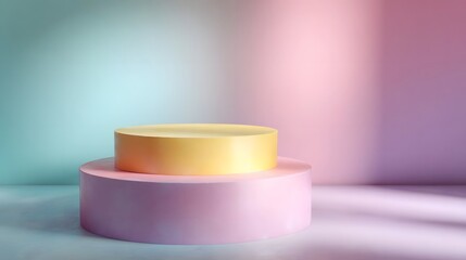 A minimalist pastel geometric podium with yellow and pink tiers set against a soft gradient background with ambient light
