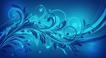 A blue and turquoise floral design with swirling patterns on a dark blue background.