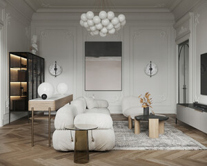 Contemporary lounge with designer chairs, chandelier, and wood flooring.