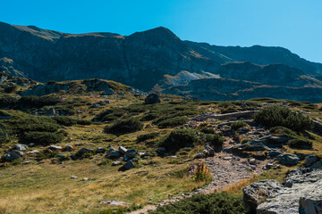 Mountain view of the Rila Mountains in Bulgaria. Seven Rila Lake hike. Eco trails. Connection with nature.	